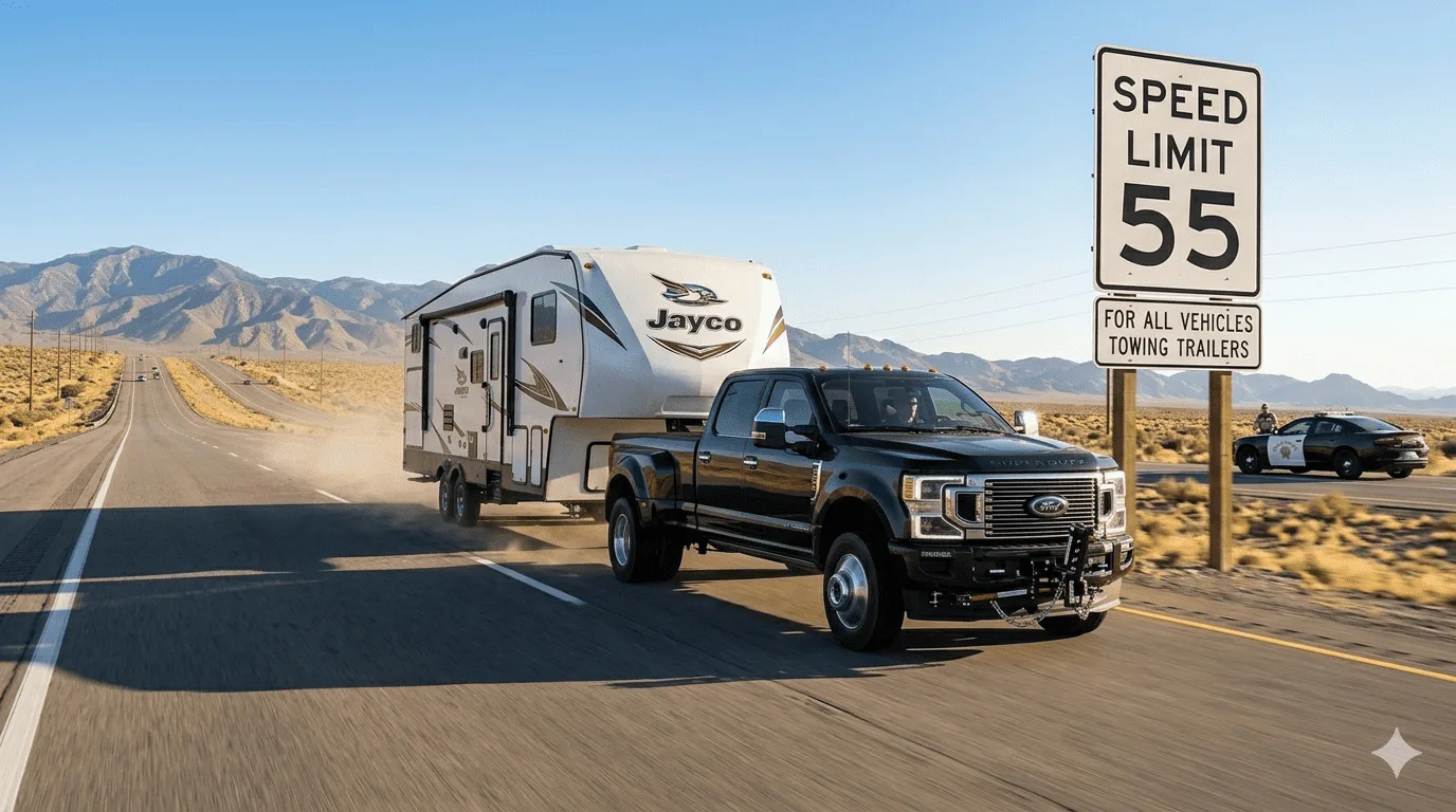 California highway sign showing 55 MPH speed limit for vehicles towing trailers