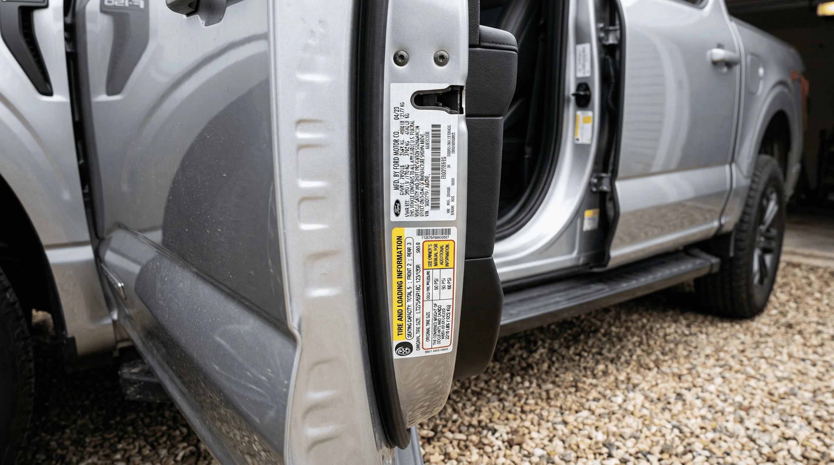 Truck door sticker showing GVWR